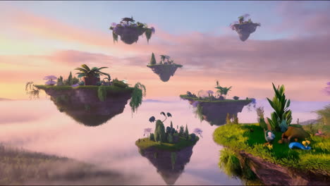 whimsical floating islands landscape with fantasy creatures