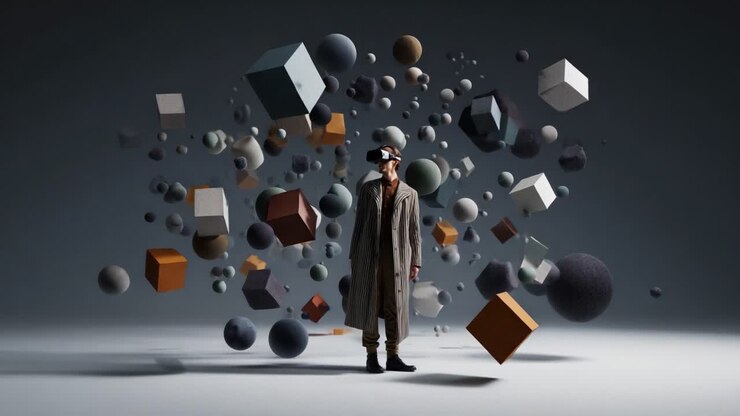 A mysterious figure stands in a surreal environment filled with floating geometric shapes, showcasing an artistic blend of creativity and imagination in a digital space