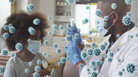 animación de células de covid-19 sobre un médico afroamericano llenando una jeringa con la vacuna contra covid-19