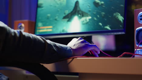 gamer enjoying high quality game, streaming it online, flying spaceship