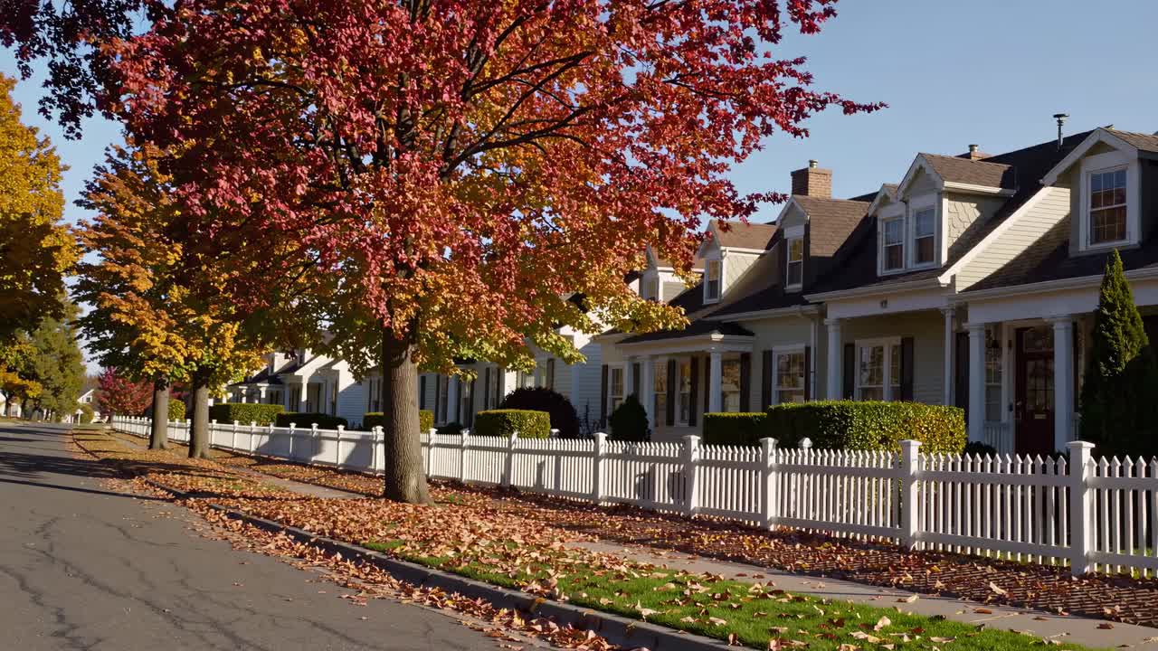 Charming suburban street in autumn, shot from a low angle. Vibrant fall foliage and white picket