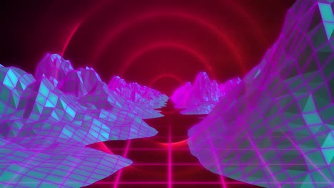 animación de montañas que se mueven sobre círculos rojos en el fondo
