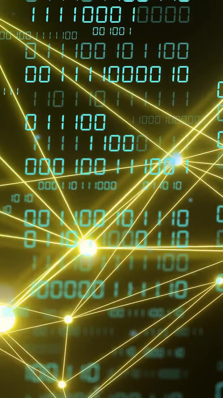 Vertical video: Golden flare initiating network, nodes pulsing and lines forming mesh showing data