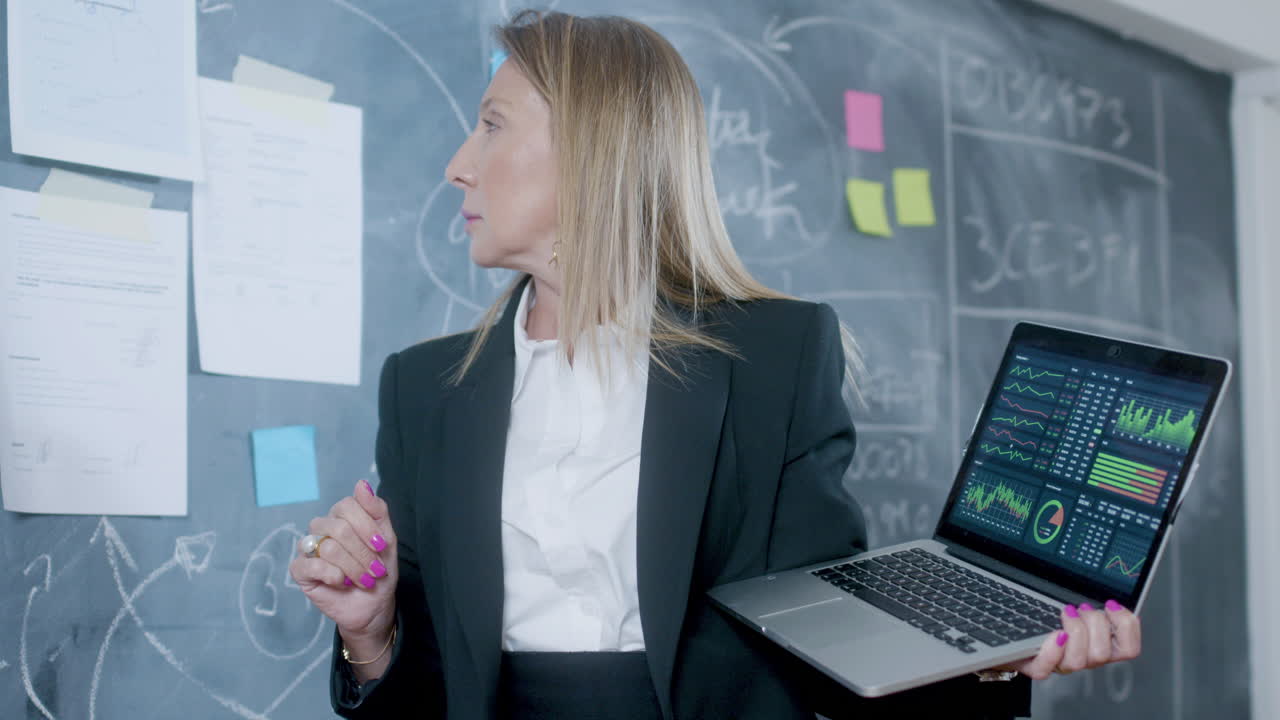 кавказская блондинка, бизнесменка, стоящая за доской.