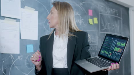 una mujer de negocios rubia caucásica de pie en el tablero