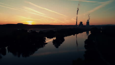 panorama of the river and factory chimneys at sunset