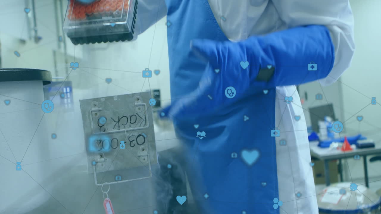 Handling samples, scientist in lab coat with digital animation overlay