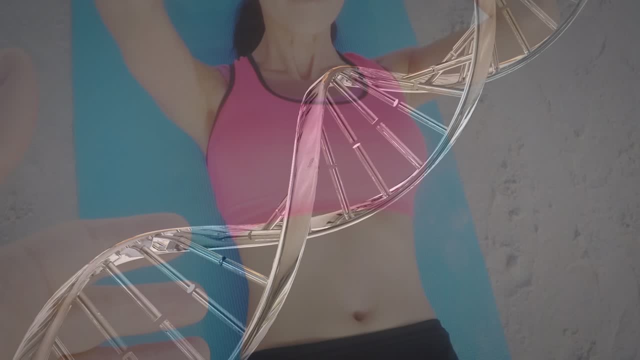 Animação de fita de DNA e mão sobre mulher se exercitando
