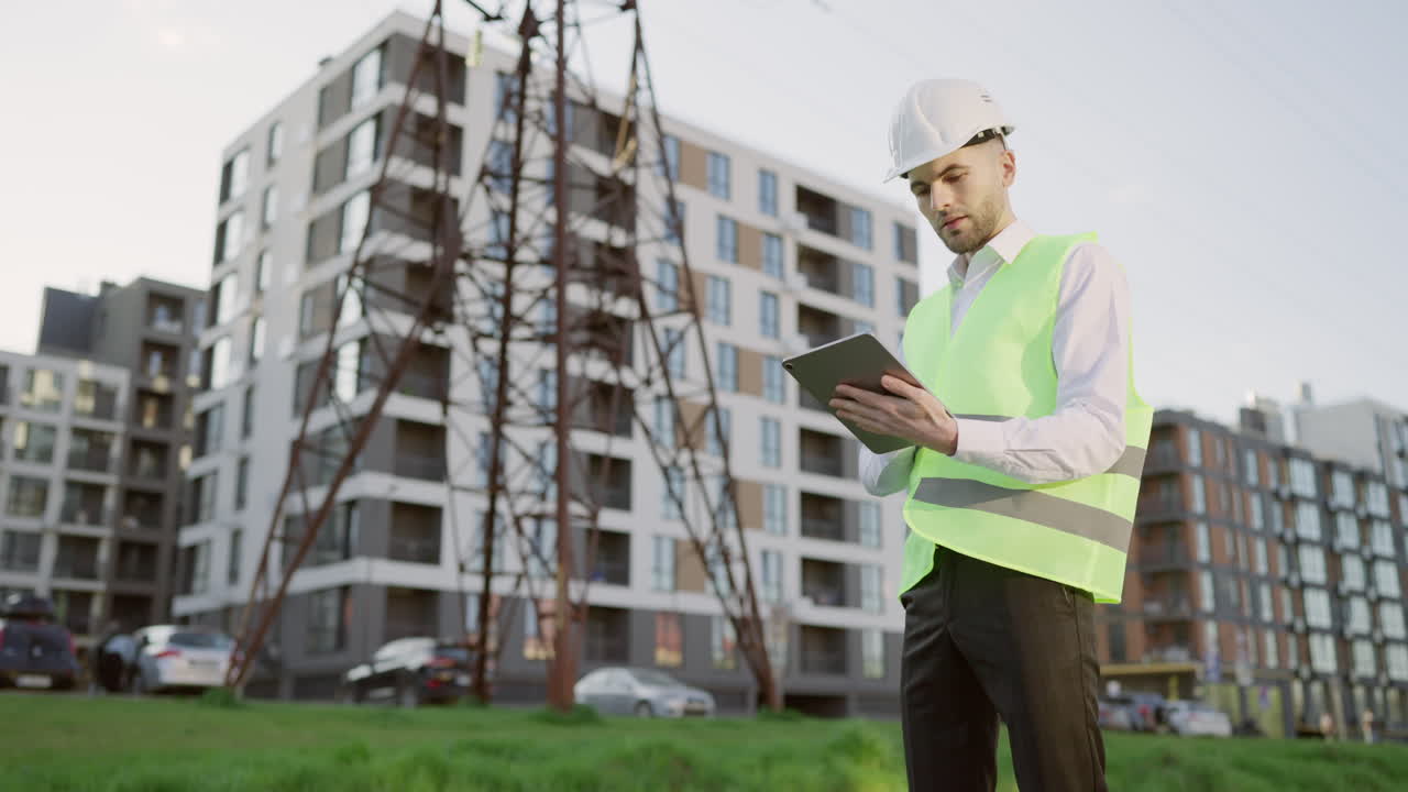 Engineer with tablet in hard hat and safety vest near modern buildings and power lines