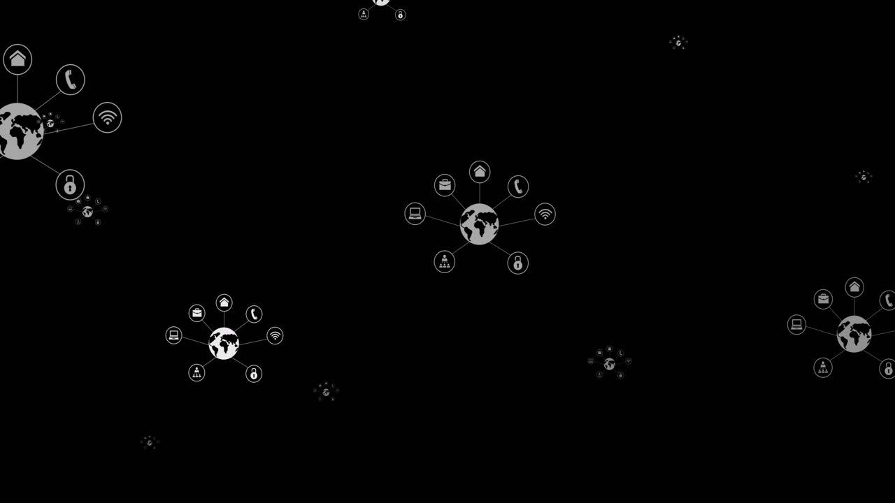 animación de iconos conectados flotantes en fondo negro