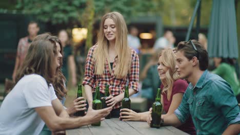 friends drinking beer and toasting at outdoor party