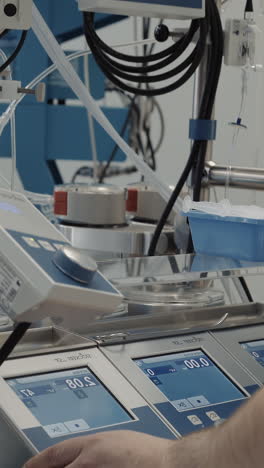 el técnico controla la máquina de soporte vital. el médico coloca el equipo médico para la cirugía de bypass de la arteria coronaria en el hospital. el ventilador del paciente trabaja