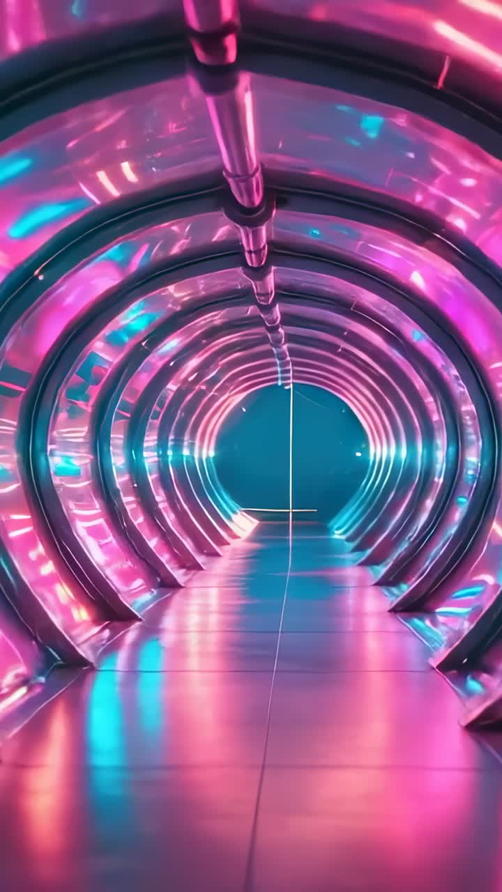Vertical video: Camera entering tunnel gliding through neon archways over shiny floor to lit portal