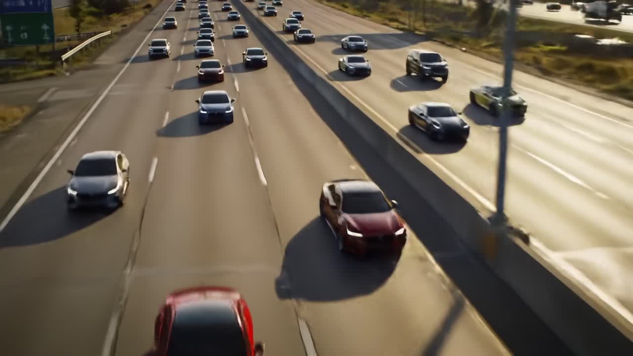 Dynamic Highway Traffic Scene Captured at Dusk Showcasing Diverse Vehicles in Motion on a Busy Freeway with Clear Skies and Flowing Traffic Patterns