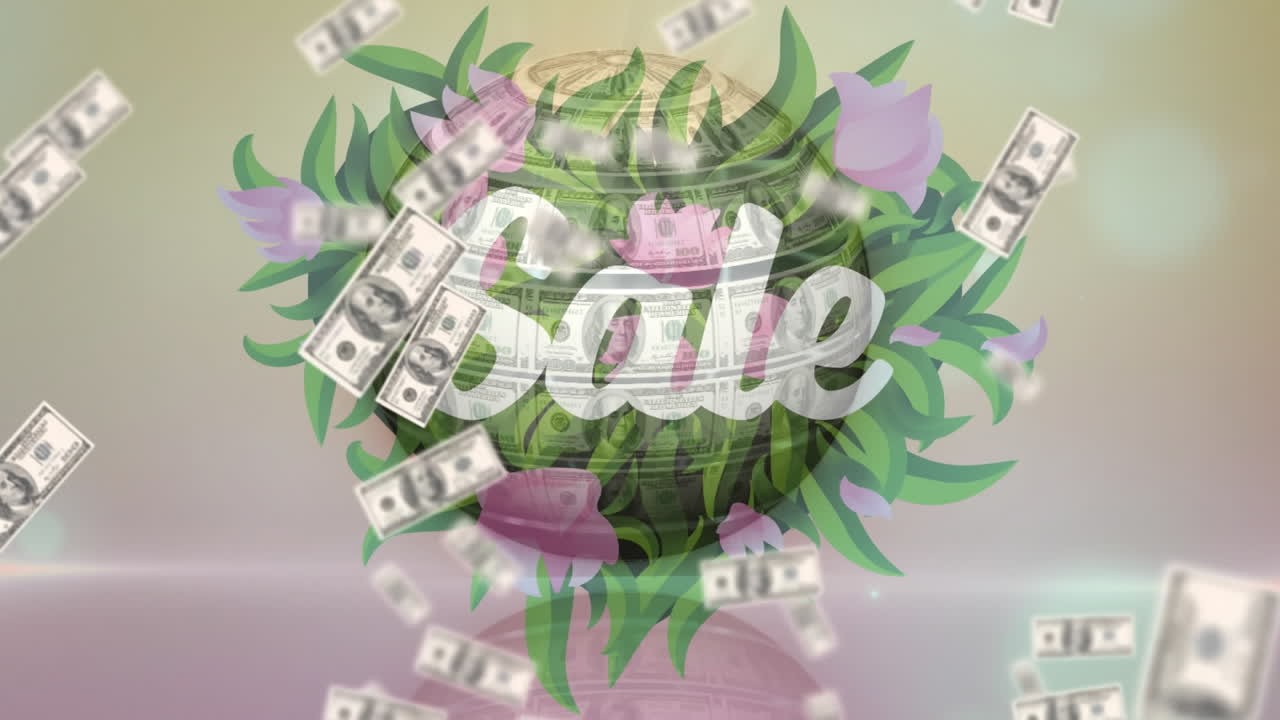 애니메이션 미국 달러 지폐 전 세계 배경에 판매 텍스트