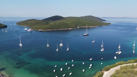 boats sail near syvota coast and green island in ionian sea at epirus, greece - aerial