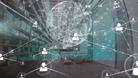 Animation of network of connections with icons and data processing over warehouse