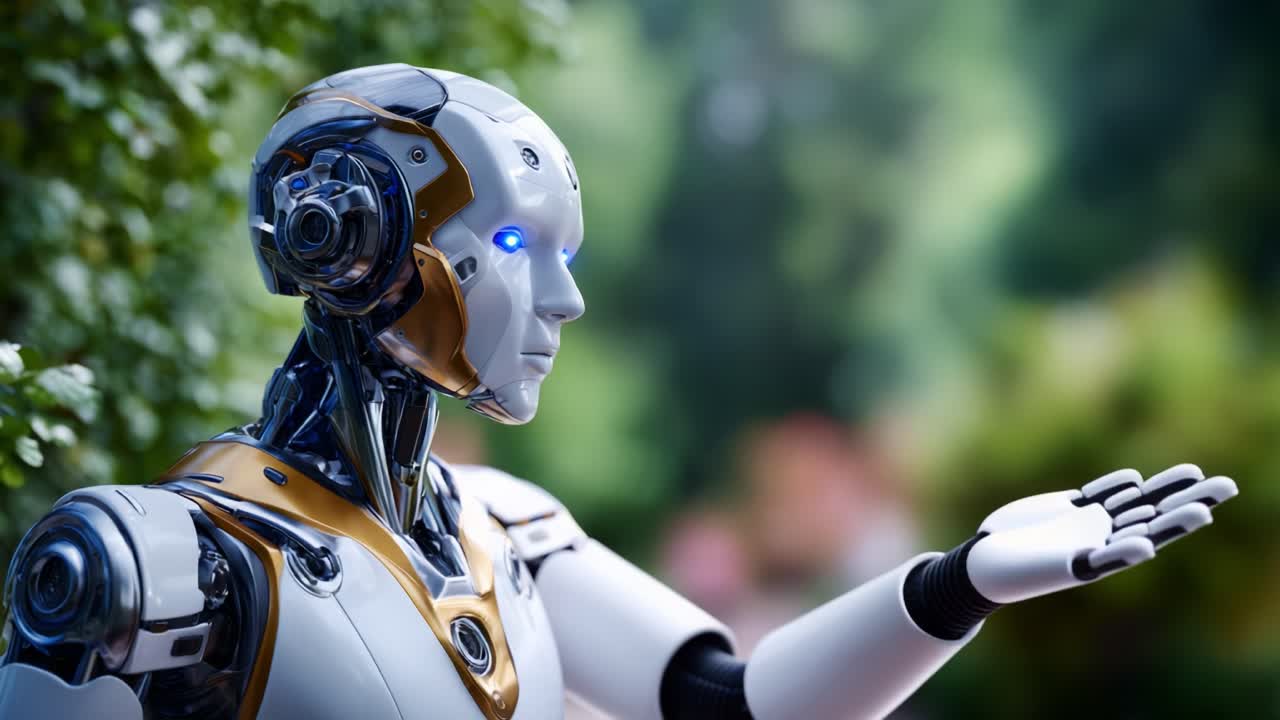 Un robot umanoide futuristico con intricati dettagli metallici e un atteggiamento amichevole, in piedi in un ambiente verde e lussureggiante, che mette in mostra tecnologia e design all'avanguardia