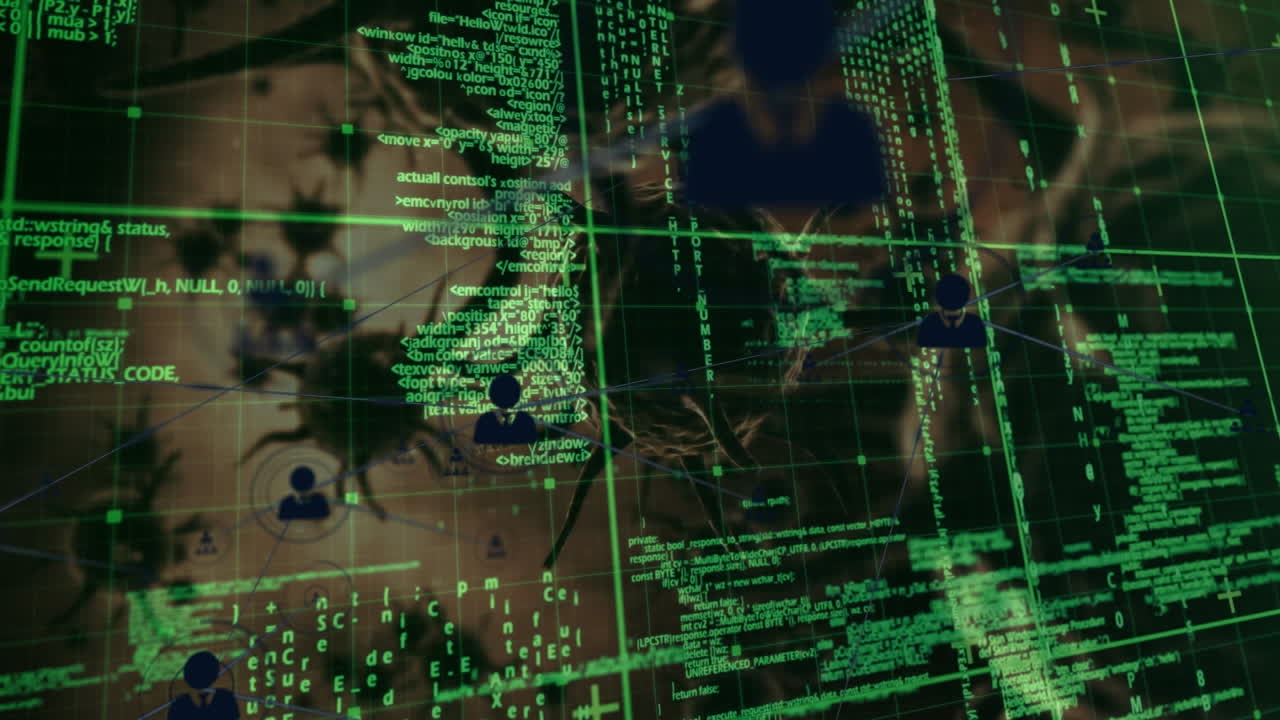 Network of digital icons over grid network against multiple covid-19 cells on black background