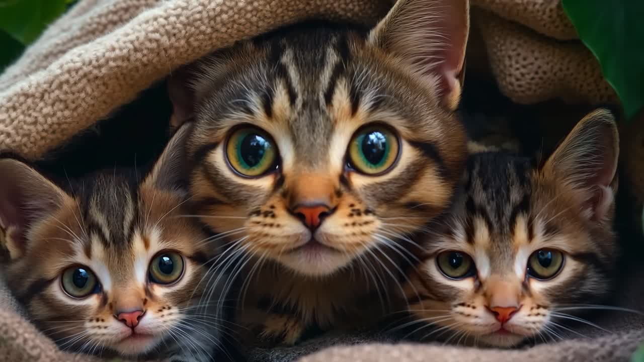 Un gruppo di tre gattini che fanno capolino da una coperta.