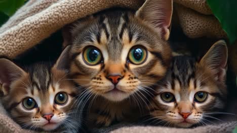 a group of three kittens peeking out of a blanket