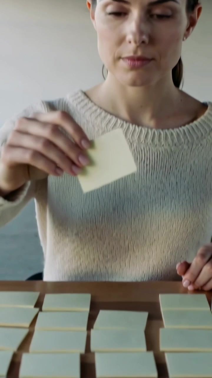 Video verticale: Donna ripresa dall'alto con un maglione di lana che prende post-it su un tavolo di legno, organizzando un piano.