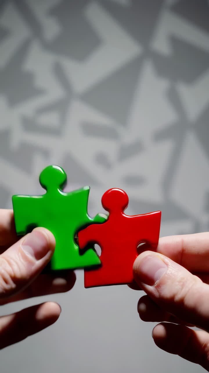 Mani con pezzi di puzzle verdi e rossi