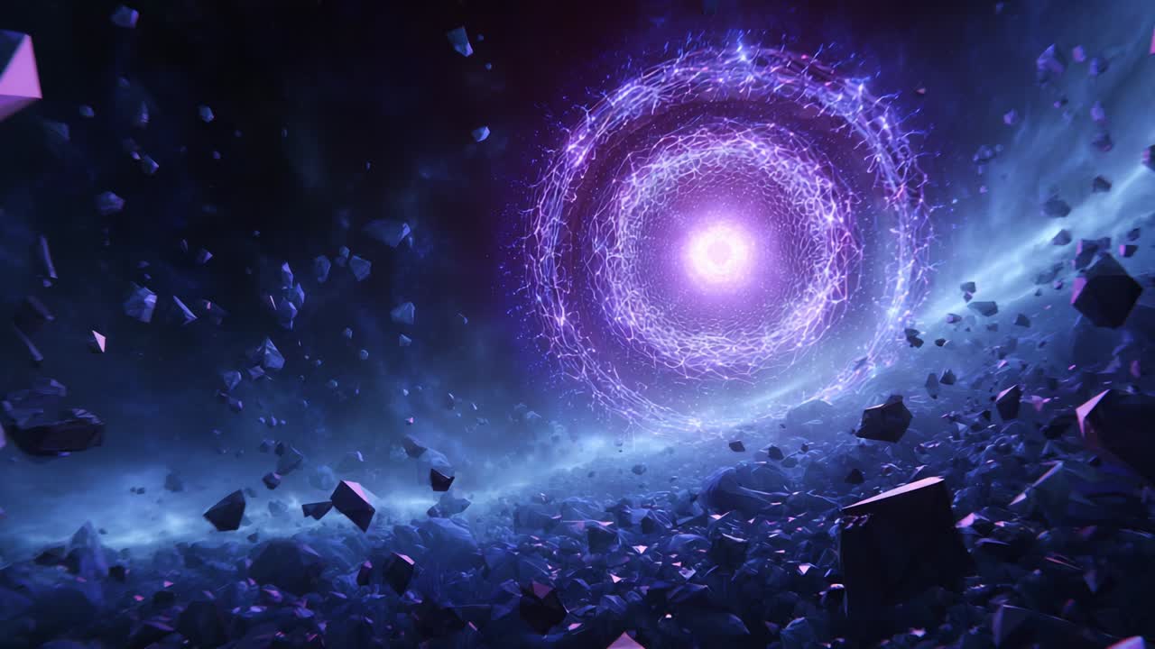 A mesmerizing cosmic vortex pulsates with vibrant purple energy, surrounded by floating crystalline fragments in a dark, expansive universe, evoking a sense of wonder and exploration amidst the stellar chaos