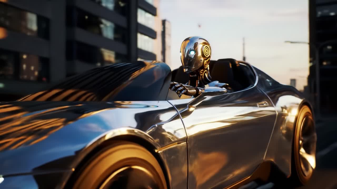 Futuristic Cybernetic Being Driving a Sleek High-Tech Vehicle Through a Modern City Scene at Sunset, Embodying the Intersection of Technology and Urban Life