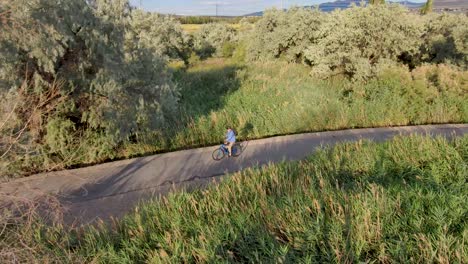 Man-riding-a-bicycle-along-a-nature-trail-and-between-trees---aerial-view