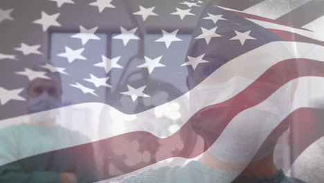 animación de la bandera de los estados unidos ondeando sobre los cirujanos en el quirófano