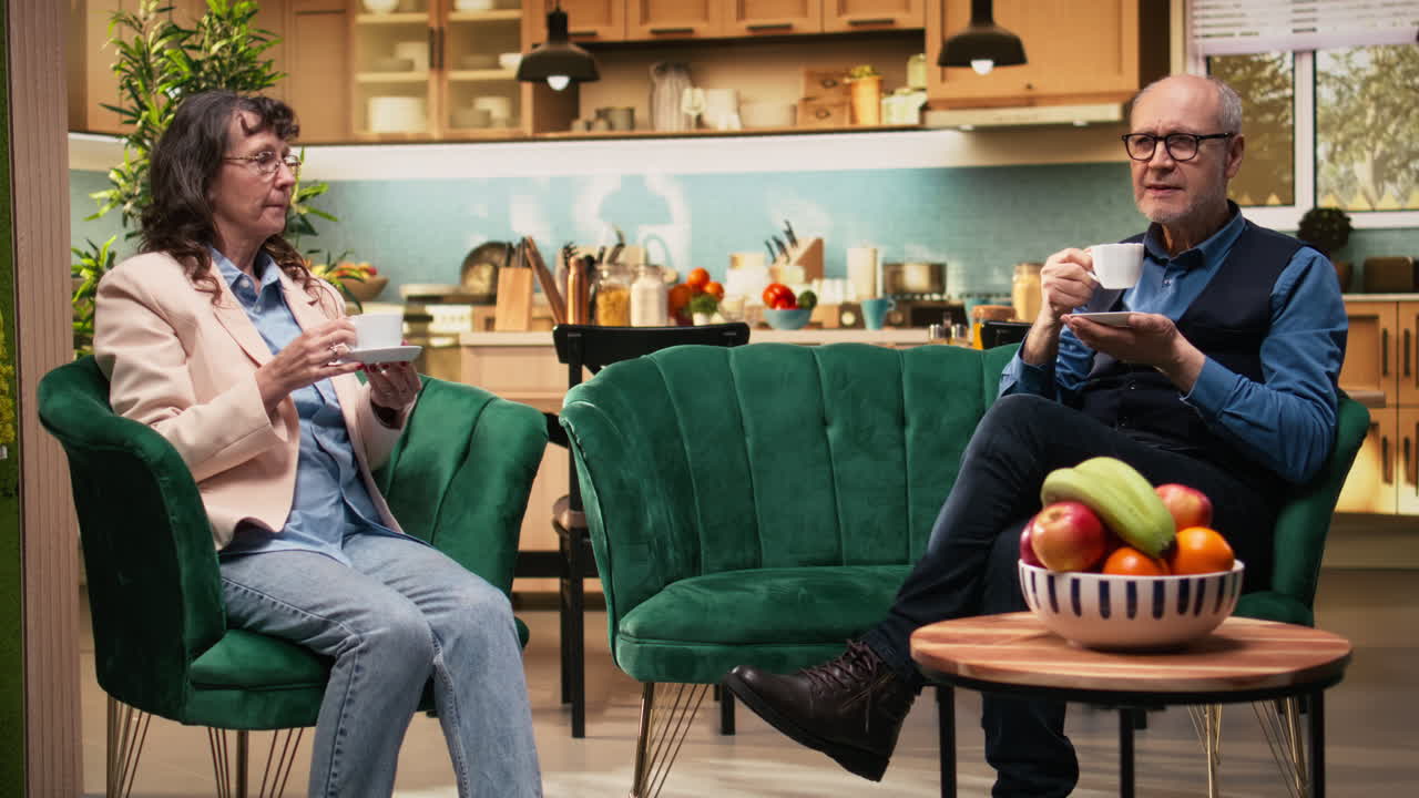 Elderly couple, home retirement, serving coffee, free time, everyday life