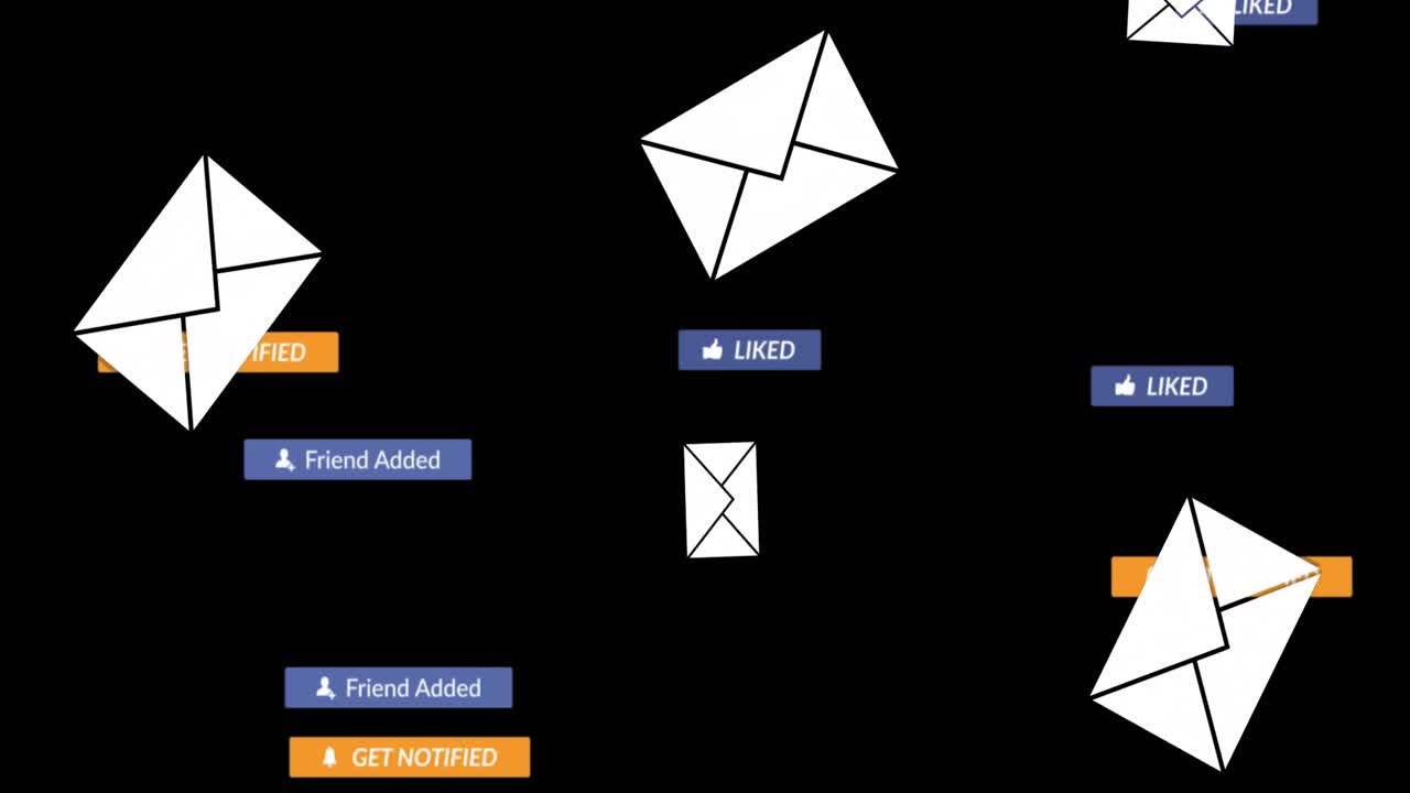 Animation of social media text on banners with envelope digital icons over black background