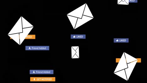 animation of social media text on banners with envelope digital icons over black background