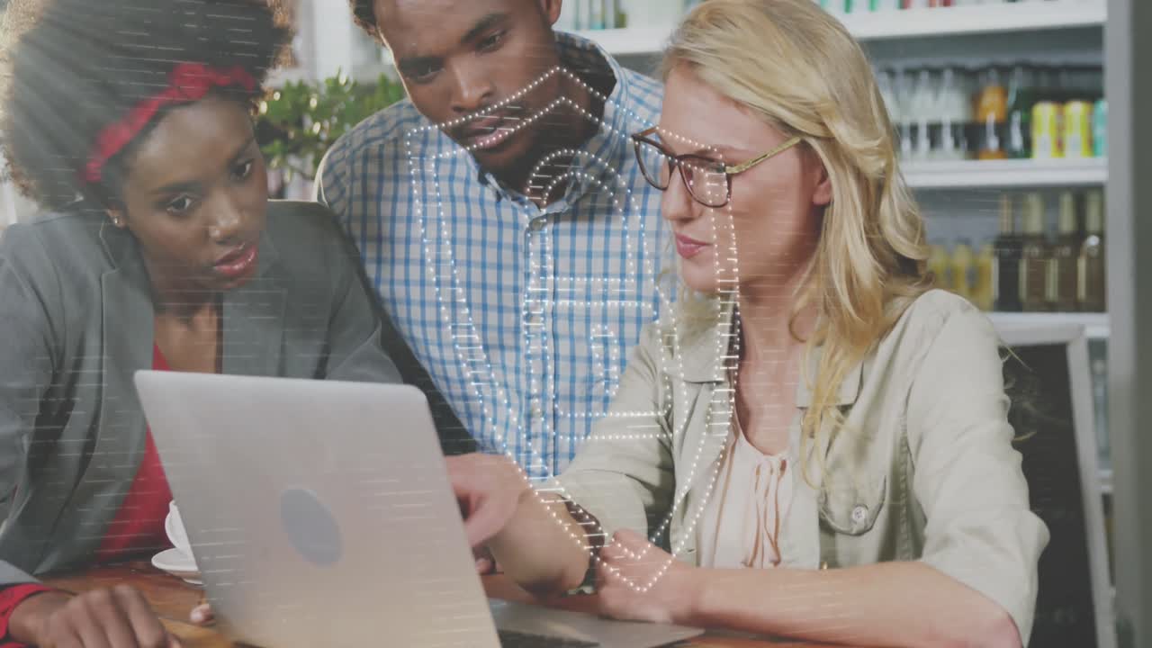 Animation of padlock icon and light trails over diverse people using laptop