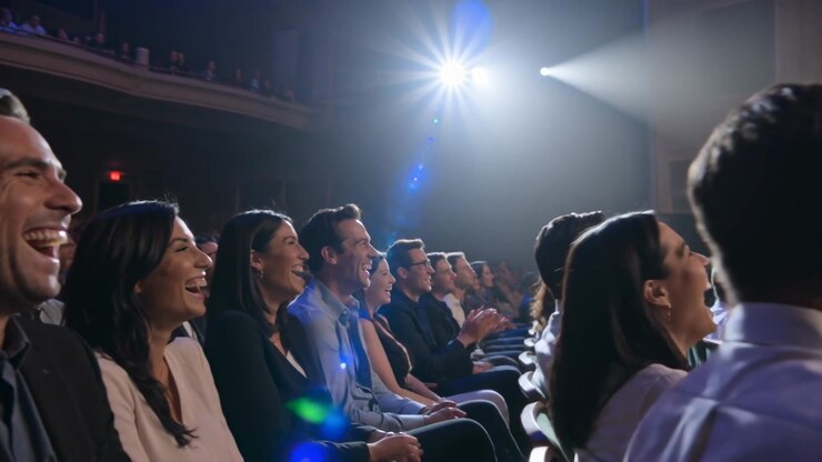 Pubblico in prima fila che applaude, in blazer e camicia, che reagisce all'apparizione di un riflettore, con la telecamera che si sposta a destra.
