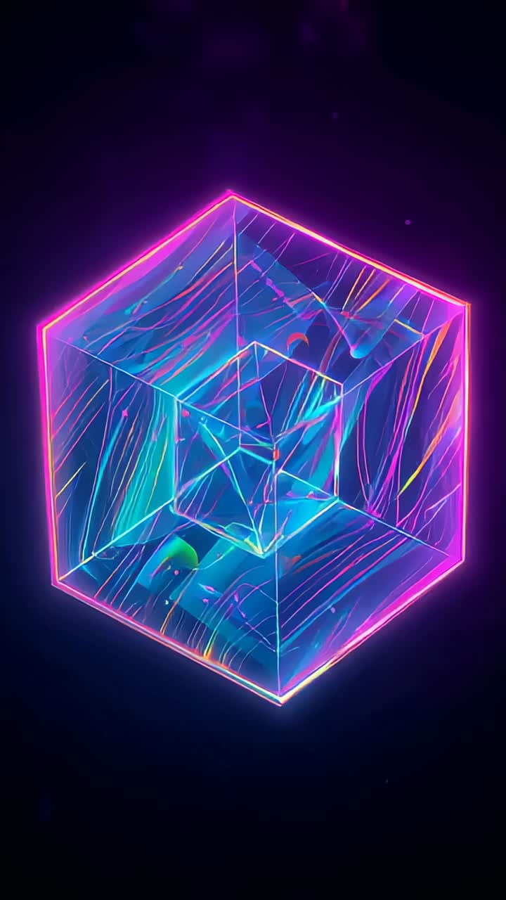 Vertical video: Opening shot showing glowing neon cube spinning in dark void, revealing inner cube