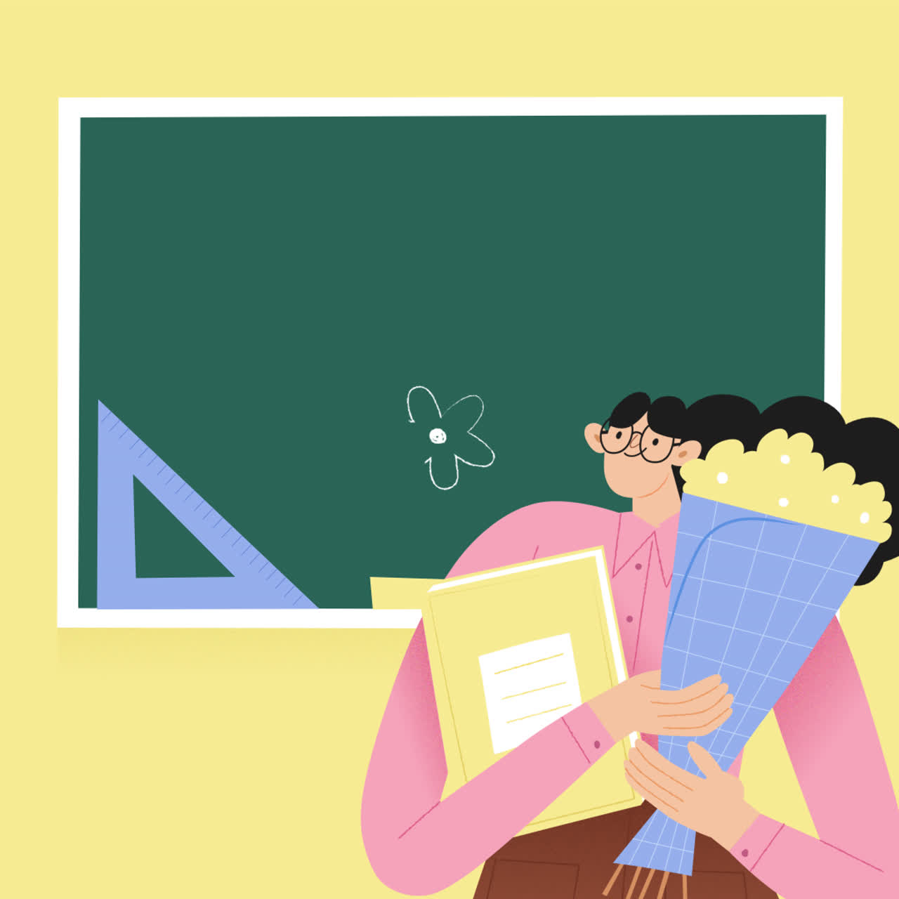 Teacher with Flowers and Books in Front of a Chalkboard