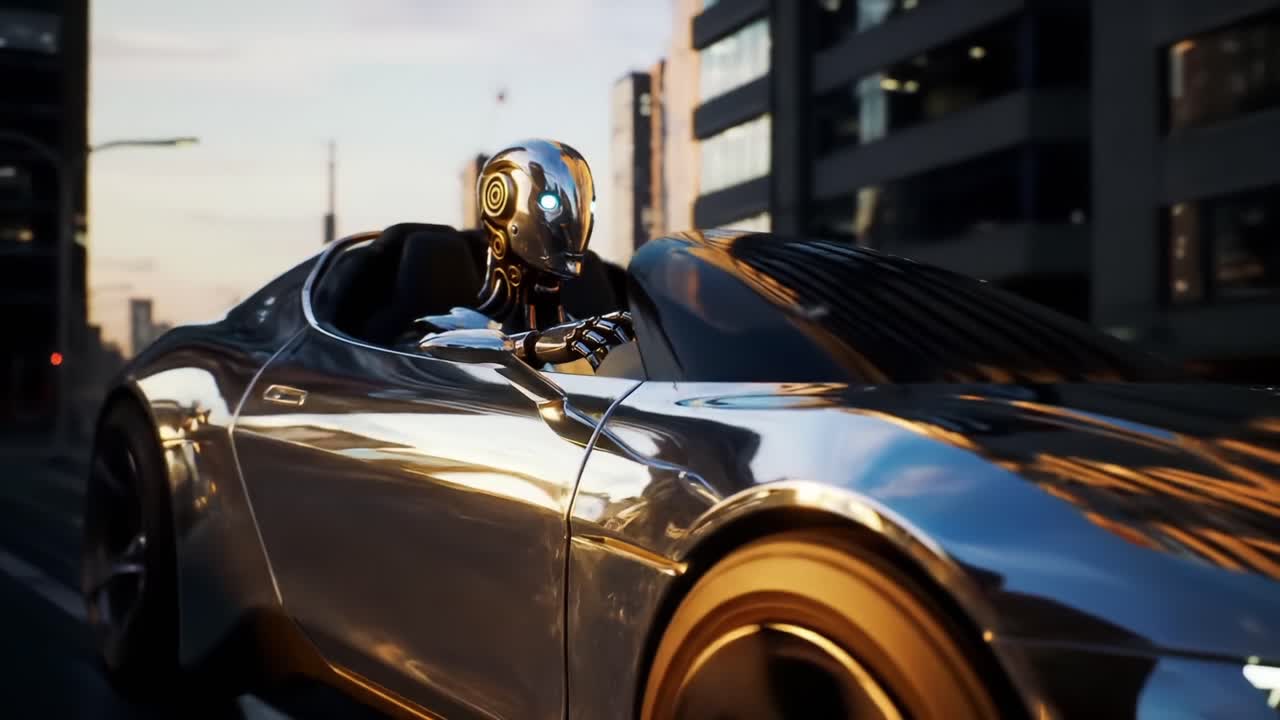 A futuristic humanoid robot elegantly driving a sleek, shiny sports car through a bustling urban landscape at sunset, showcasing advanced technology and innovation