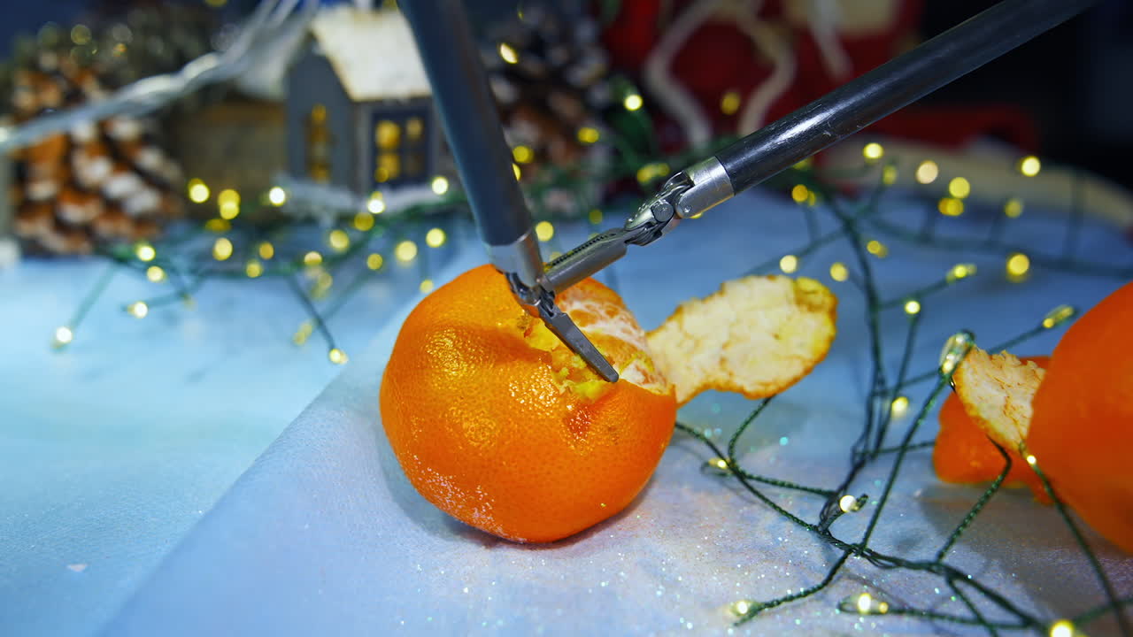 Juicy orange tangerine being peeled by the little claws of Da Vinci system. Accurate moves of robotic arms in peeling fruit. Christmas decorations at the backdrop.