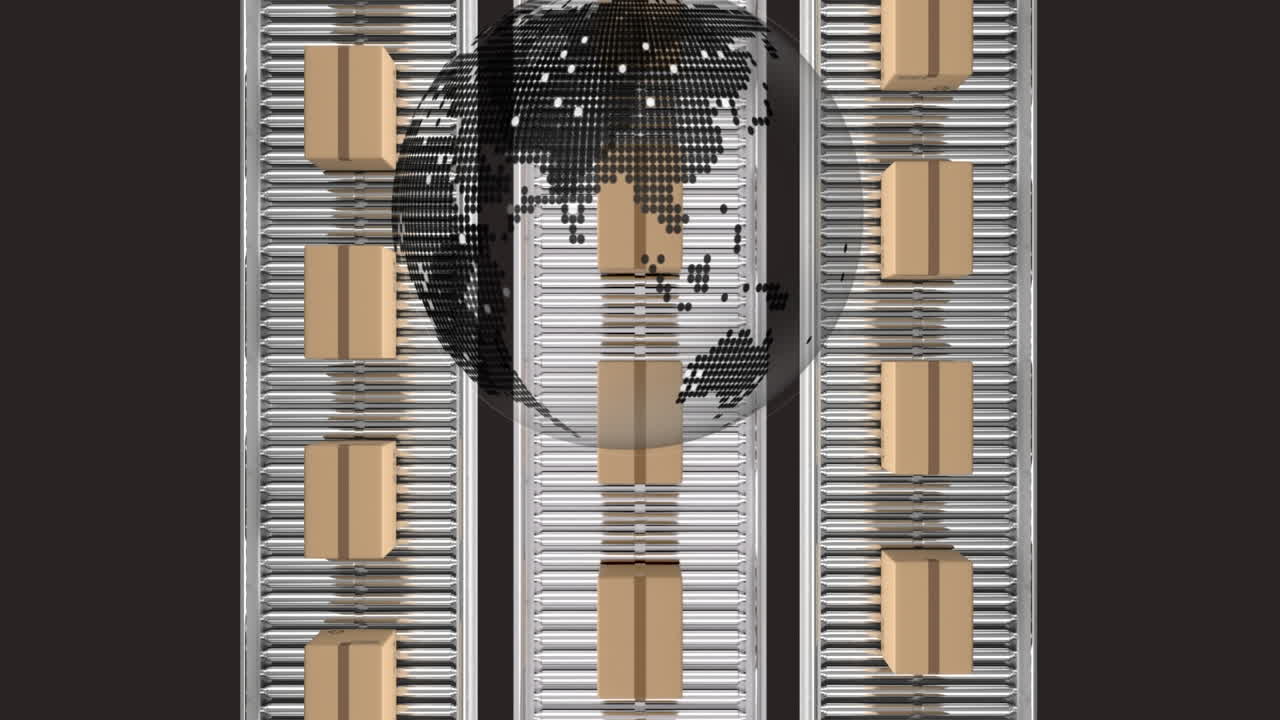 상자를 가진 컨베이어 벨트 위의 지구의 애니메이션