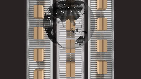 animation of globe over conveyor belts with boxes