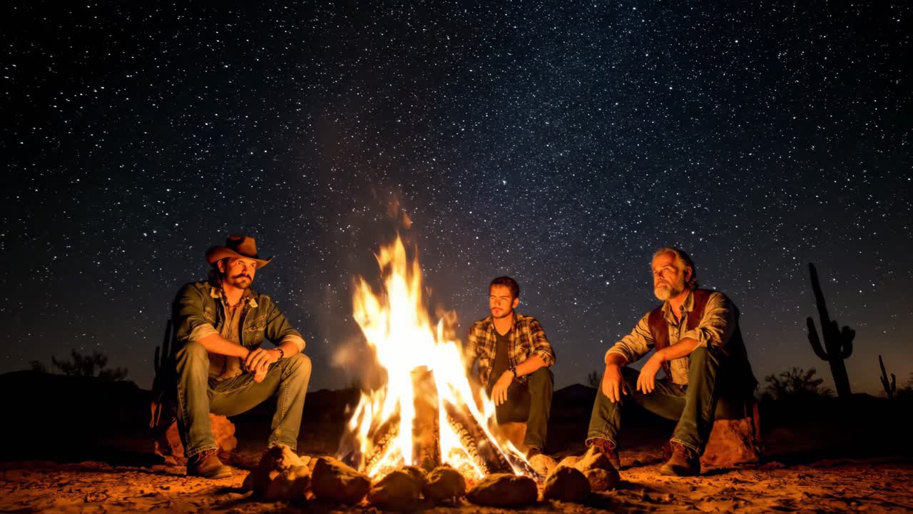 Men Gather Around Campfire Under Starry Night Sky