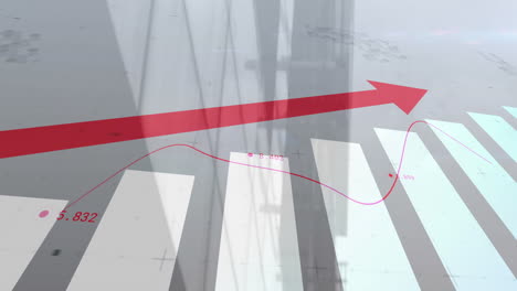 animation of red arrow with statistics processing over cityscape