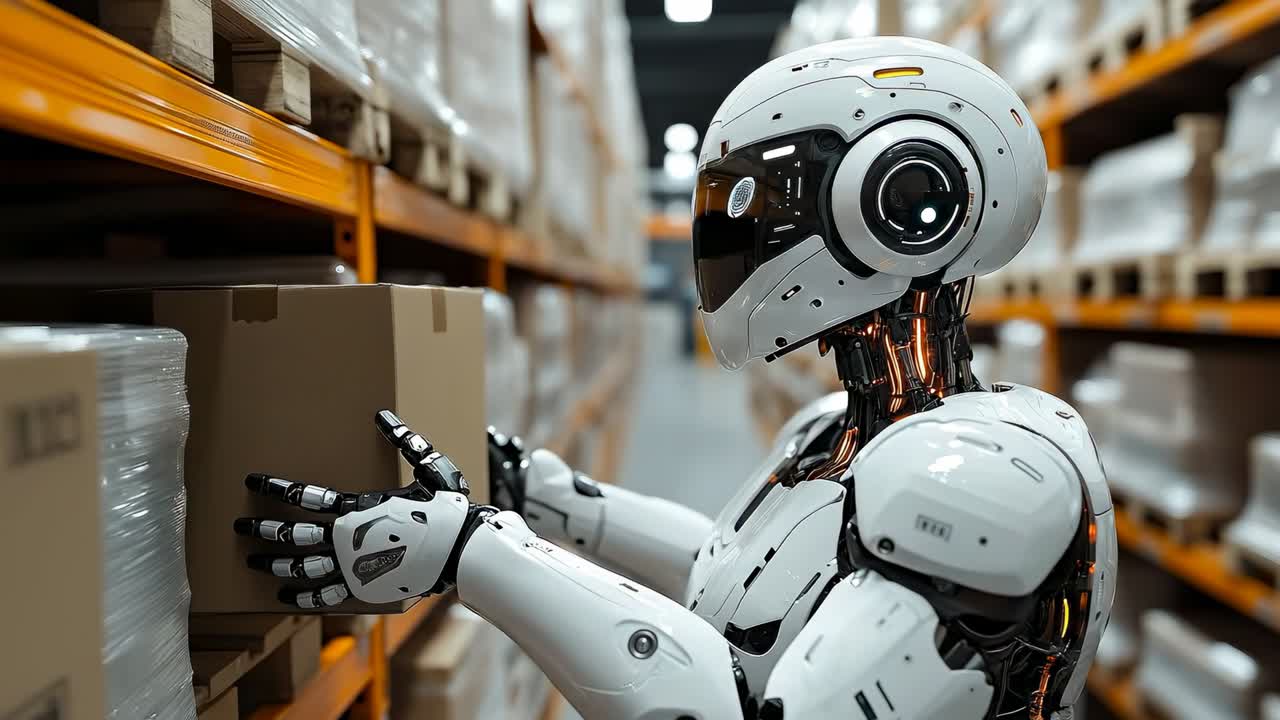 Un robot smista i pacchi in un magazzino. Un robot sta posizionando scatole su uno scaffale in un magazzino affollato di giorno. L'ambiente di lavoro è organizzato ed efficiente.