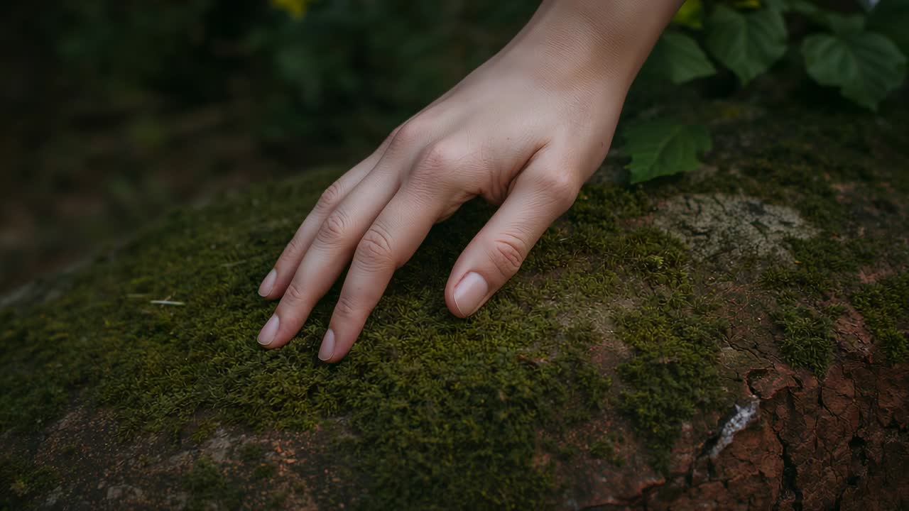 Entering hand laying palm-down stroking mossy rock at forest showing leaf yellow bloom white sleeve