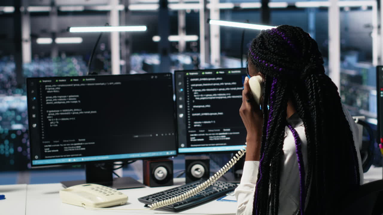 Engineer In Data Center Answers Telephone Call, Assisting Users With Ai