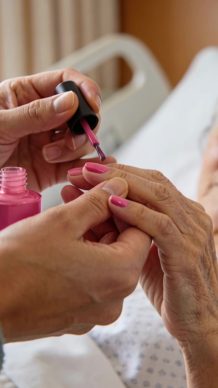 Vertical video: Dipping brush, caregiver hands painting senior nails pink at bedside, gown for care