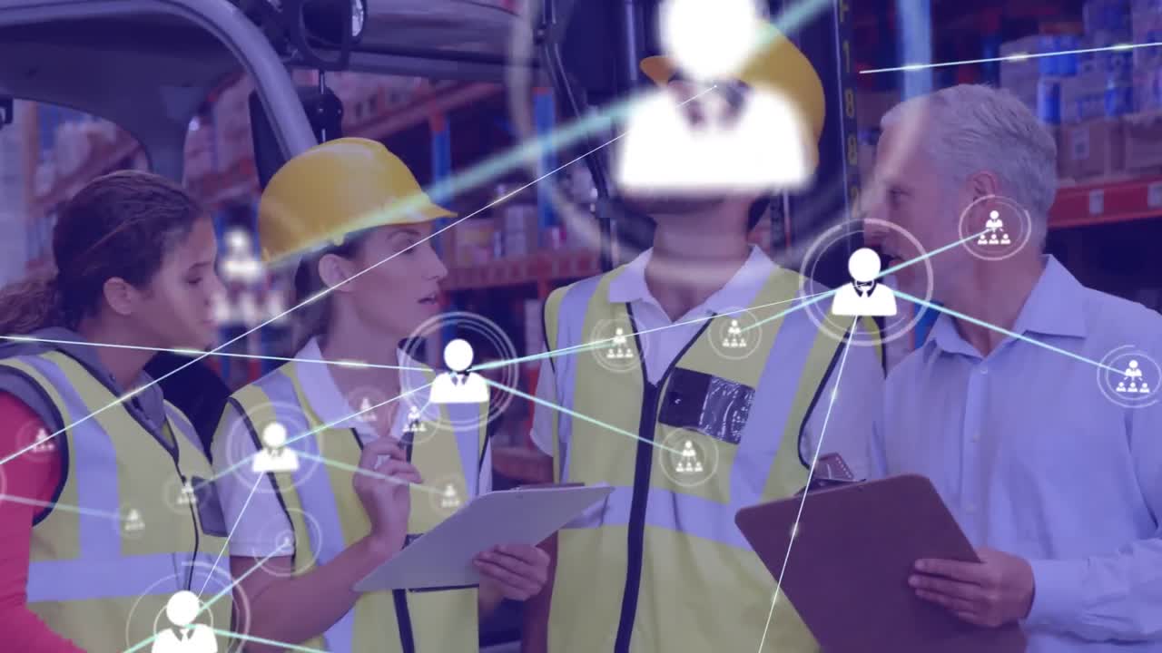 animación de la red de conexiones entre diversas personas que trabajan en el almacén