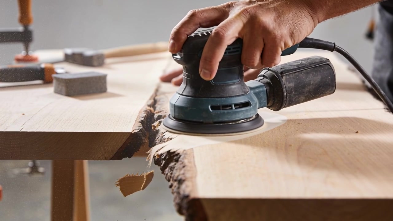 Sanding dark-shirt worker touching bark and guiding orbital sander on bench to level live-edge slab